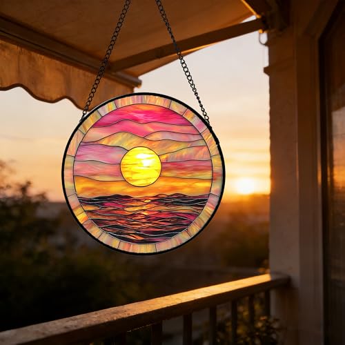 Sunrise Sea Pink Stained Glass Window Hanging Suncatcher Gifts Decor 7.8"