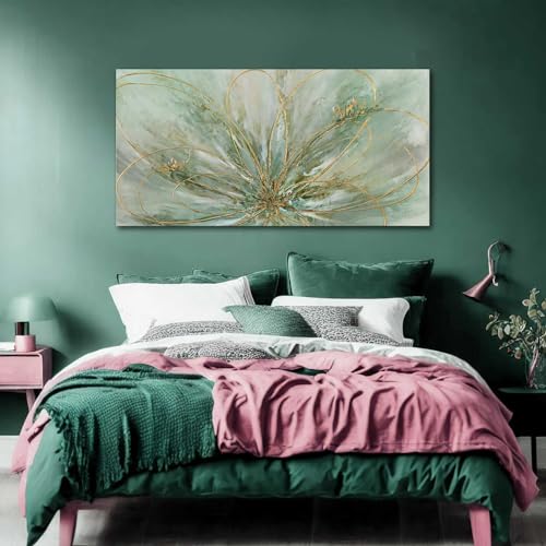 Green Flowers Canvas Wall Art Modern Paintings with Gold Foil Abstract Nature Wall Decorations for Home Office Living Room Bedroom 24" x 48"