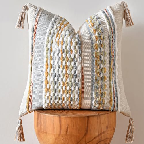 Chenille Striped Textured Boho Throw Pillow Covers Aesthetic with Tassels Woven Decorative Pillow Case for Couch Bed Sofa Bedroom Modern Funky 18 x 18
