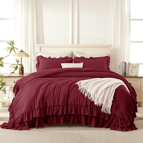 Burgundy Twin Size Ruffle Comforter Set