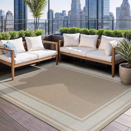 Large Outdoor Rug 10x14 Modern Bordered Area Rugs for Indoor and Outdoor Patio Deck Porch Garden Waterproof Weather Sun Resistant Washable Outside Carpet (140 Sq Ft)