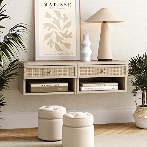 Jackson Wall Mounted Rattan Floating Bedroom Nightstand with Storage Drawer and Modern Open Shelf Cubby