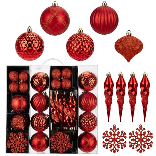 50PCS Christmas Tree Ornaments Set with Shatterproof Balls Icicle Snowflake Hanging Ornaments for Home Office Farmhouse Christmas Decorations (50 Count)