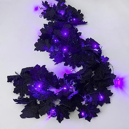 Black Halloween Maple Leaf Garland with Purple Light (2 Count)