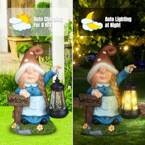 12.4” Solar Gnome Garden Statue with LED Lantern Welcome Sign Blue