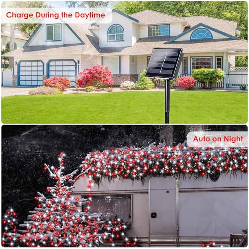 Solar Christmas Lights Outdoor 2 Pack 200 LED 66FT String Lights Red White (2 Count)