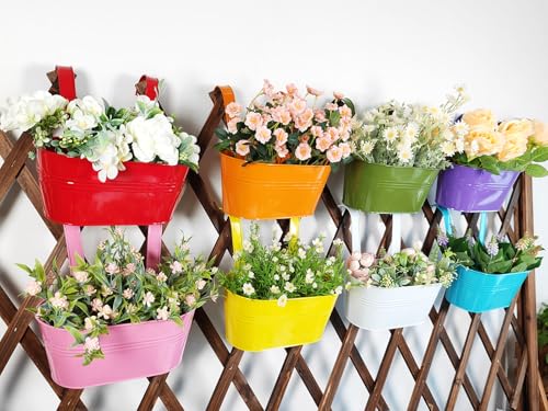 8 Pack 10" Colorful Metal Bacony Railing Planter for Outdoor Planters (8 Count)