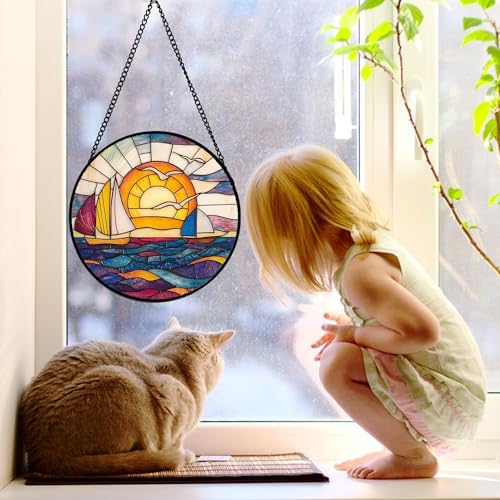Sunset Sailboat Stained Glass Window Hanging Suncatcher Gifts Decor 7.8"