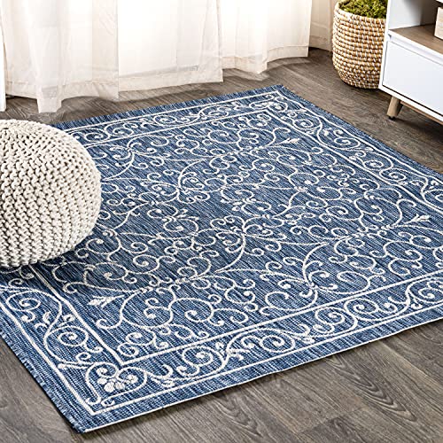 Vintage Filigree Indoor Outdoor Square Area Rug 6X6 Navy
