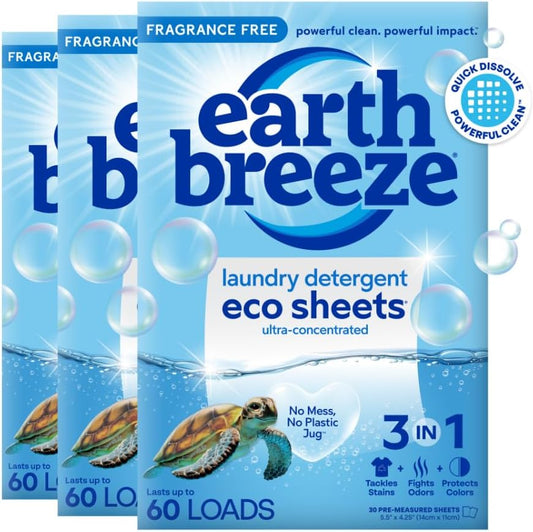 Earth Breeze Laundry Detergent Sheets Fragrance-Free - 180 Loads Eco Liquidless Soap - Travel-Friendly for Hot & Cold Cycles, Tackles Tough Stains & Odors - Gentle on Sensitive Skin, 90 Ct (3 Pack) - HavenBliss Decor