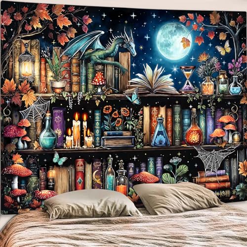 Dragon Bookshelf Tapestry Witchy Mushroom Bookshelf Tapestries Wall Hanging Gothic Medieval Fantasy Moon Dark Academia Book Extra Large Tapestry for Bedroom Living Room Dorm 90 x 68 inch