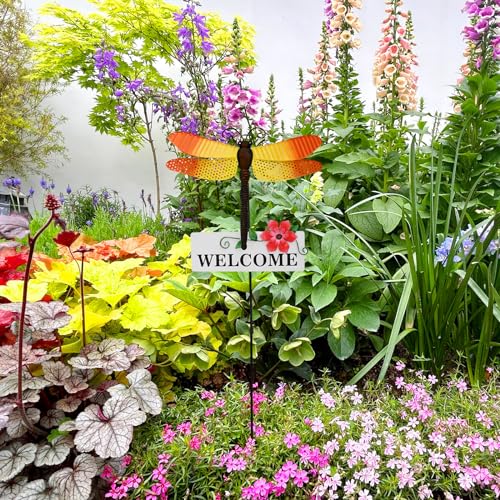30" H Metal Dragonfly Garden Stake Decorative Yard Stakes Art Ornaments Welcome Sign for Outdoor Patio Lawn Porch Pathway Decor