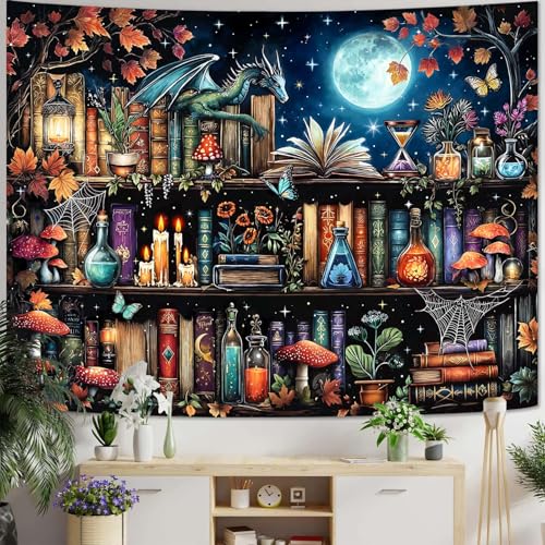Dragon Bookshelf Tapestry Witchy Mushroom Bookshelf Tapestries Wall Hanging Gothic Medieval Fantasy Moon Dark Academia Book Small Tapestry for Bedroom Living Room Dorm 60 x 44 inch