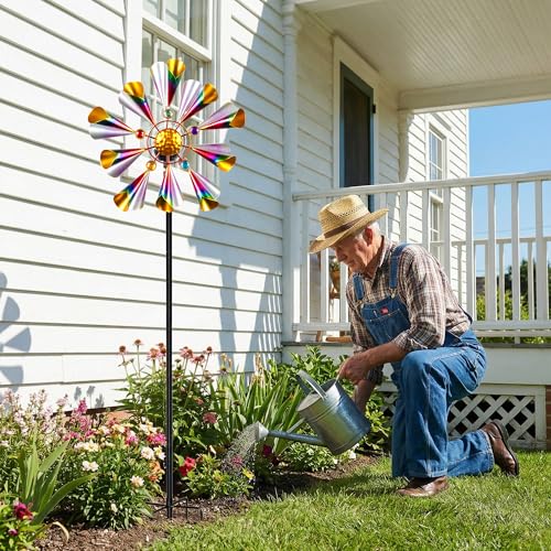 Solar Wind Spinner Outdoor Metal Garden Decor with Color LED Glass Ball