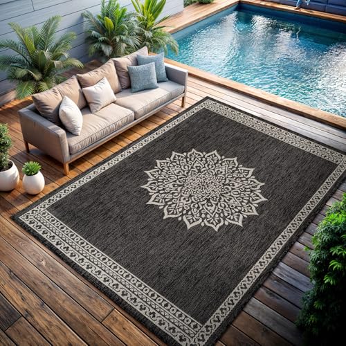 Outdoor Rug 8x10 Medallion Darkgray Modern Area Rugs for Indoor and Outdoor Patios Kitchen and Hallway Mats Washable Porch Deck Outside Carpet (80 Sq Ft)