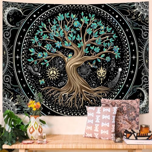Tree of Life Tapastry Butterfly Moon Tapastry Flower Green Tree Tapestries Mandala Wall Hanging for Bedroom and Living Room Decor 60×80 Inches