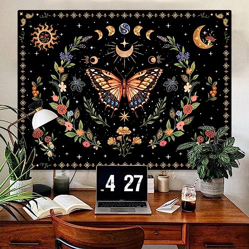 Boho Butterfly Tapestry Flower Moon Wall Tapestry