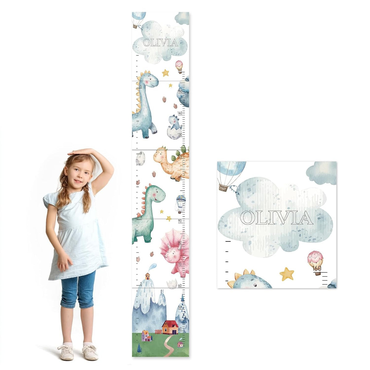 Personalized Name Growth Chart for Kids, Watercolor Dinosaur Height Measurement Chart for Children's Growth, Suitable for Both Boys and Girls, Removable and Easy to Store, Lightweight - HavenBliss Decor
