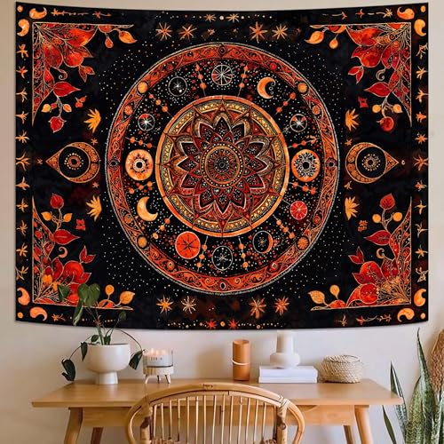 Mandala Moon and Stars Tapestry Boho Tapestry for Bedroom Black and Orange Tapestries Wall Hanging Living Room Wall Art and Home Decor 70x90