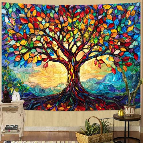 Tree of Life Tapestry Stained Glass Tapestry Wall Decor Tapestries for Bedroom Art Tapestries Wall Hanging for Bedroom Living Room Glass