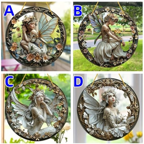Flower Fairy Garden Decorations Angel Wing Christmas Halloween Deco Statue Art Elf Sculpture Hanging Craft for Outdoor Yard Courtyard Lawn Patio Window Acrylic Ornament Home Gift