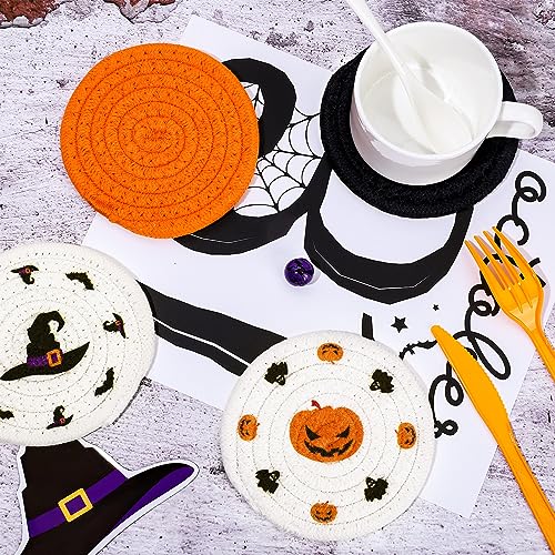 4 Pack Halloween Handmade Braided Drink Coasters Black Orange Pumpkins Witch Hats Absorbent Cotton Cup Coasters Heat Resistant Cup Mats for Halloween Home Kitchen Office Table Decor (4 Count)