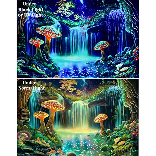 Blacklight Forest Tapestry UV Reactive Waterfall Tapestries Starry Sky Tapestry Fantasy Nature Plant Landscape Wall Hanging Decor for Home