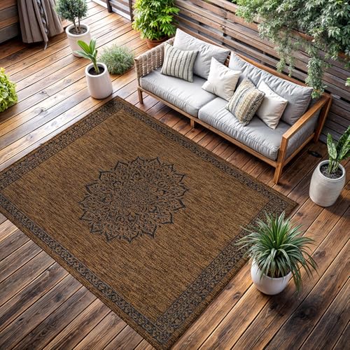 Outdoor Rug 10x14 Medallion Gold Modern Large Area Rugs for Indoor and Outdoor Patios Kitchen and Hallway Mats Washable Porch Deck Outside Carpet (140 Sq Ft)