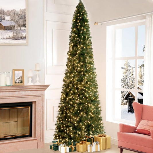 9ft Slim Christmas Tree with Lights Realistic Skinny Pencil Christmas Tree Prelit with 1455 Branch Tips 500 Warm Lights and Metal Stand Aritificial Tree +ürbol De Navidad