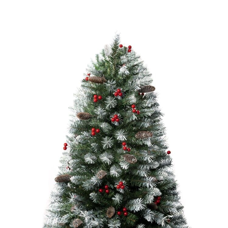 7 5ft Snow Flocked Christmas Tree with Lights Realistic Spruce Christmas Tree with Pine Cones Berries Foot Pedal 1346 Branch Tips 550 Warm Lights and Metal Stand Pre Lit Xmas