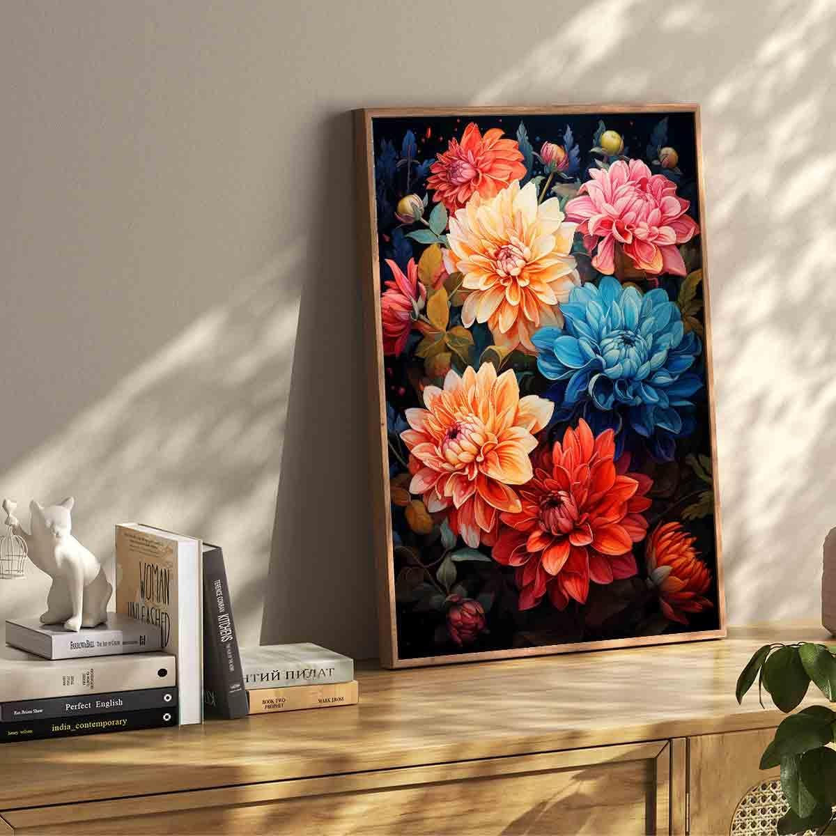 Dahlia Canvas Wall Art Abstract Flower Poster Pink Flower Painting Colorful Flowers Picture Blue Dahlia Wall Art Pink Floral Picture Plant Modern Living Room Decor 16x24inch No Frame
