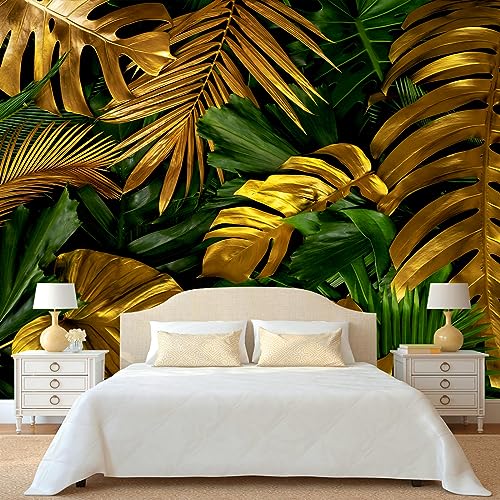 Gold and Green Tropical Jungle Palm Leaf Mural Wallpaper for Bedroom