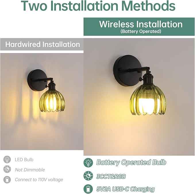 Vintage Battery Operated Wall Sconce with Green Tulip Glass Lampshade Rechargeable Battery Powered Black Wall Light with Remote Control for Bedside Bedroom Doorway