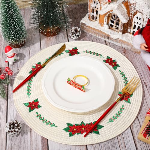 4Pcs Round Christmas Flower Placemats Embroidered Xmas Poinsettia Place Mats Decorative Dinner Table Mats for Holiday Party Decor (4 Count)