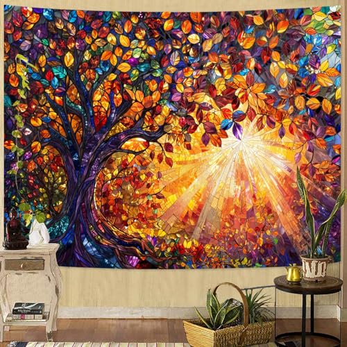 Tree of Life Tapestry Stained Glass Tapestry Wall Decor Tapestries for Bedroom Art Tapestries Wall Hanging for Bedroom Living Room Glass