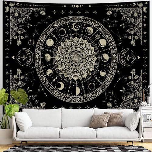 Mandala Moon Tapestry Boho Tapestry for Bedroom Black Tapestries Wall Hanging Living Room Wall Art and Home Decor 44x60