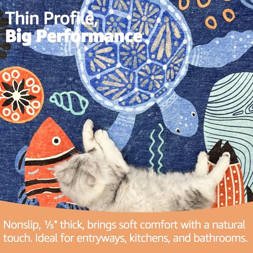 5ft Coastal Round Rug Washable Kids Rug Colorful Fish Mat Blue (19.63 Sq Ft)