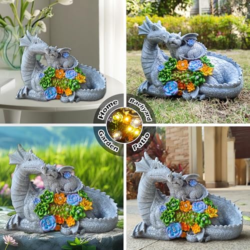 Dragon Solar Garden Statues Outdoor Decoration with Succulent and 6 LED Lights
