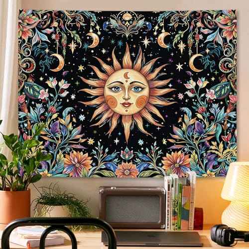 Sun and Moon Tapestry Hippie Boho Floral Wall Tapestry for Bedroom Aesthetic Colorful Flowers Vintage Celestial Botanical Plant Small Tapestries Wall Hanging for Living Room Dorm 48 x 36 Inch