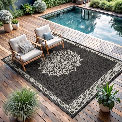 Outdoor Rug 10x14 Medallion Darkgray Modern Large Area Rugs for Indoor and Outdoor Patios Kitchen and Hallway Mats Washable Porch Deck Outside Carpet (140 Sq Ft)