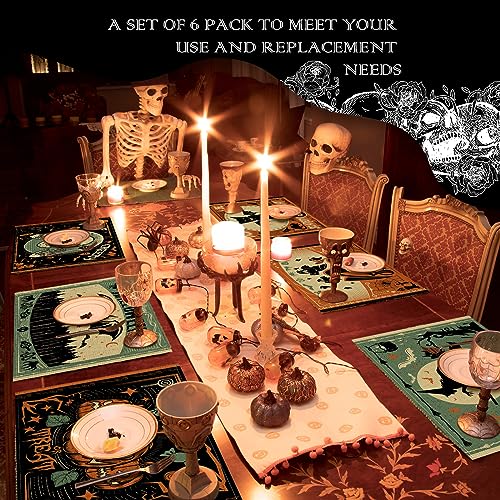 6 Pcs Halloween Placemats 12"x18" Gothic Bat Placemats Kitchen Decoration Washable Witch Place Mats Rectangle Skull Table Mats for Halloween Dining Table Accessories