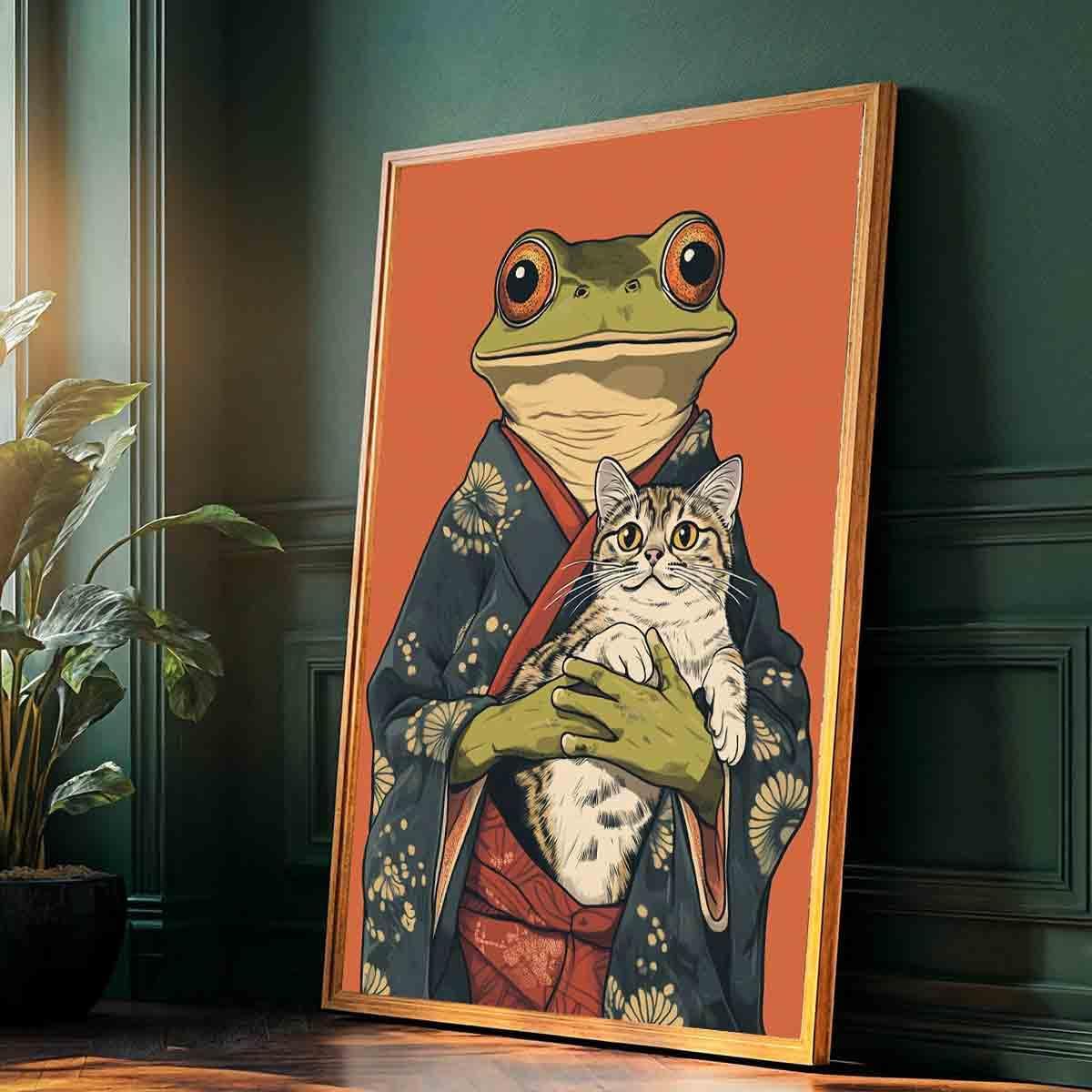Japanese Frog Wall Art Funny Frog Posters Cute Cat Poster Japanese Cat Poster Funny Animal Wall Art Retro Animal Prints Whimsical Prints Aesthetics Vintage Abstract Painting Decor 16x24inch No Frame