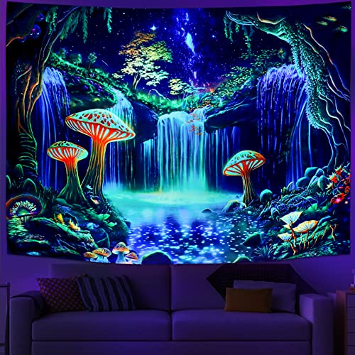 Blacklight Forest Tapestry UV Reactive Waterfall Tapestries Starry Sky Tapestry Fantasy Nature Plant Landscape Wall Hanging Decor for Home