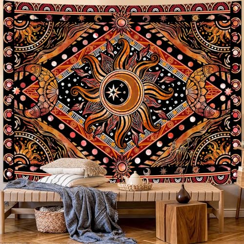 Hippie Sun and Moon Tapestry Bohemian Celestial Tapestry Aesthetic Tapestries for Bedroom and Living Room Decor Sun and Moon 44×60 Inches
