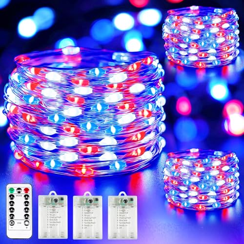 4th of July Decor 3 Pack Fairy Light Battery Operated Remote Red White Blue (3 Count)