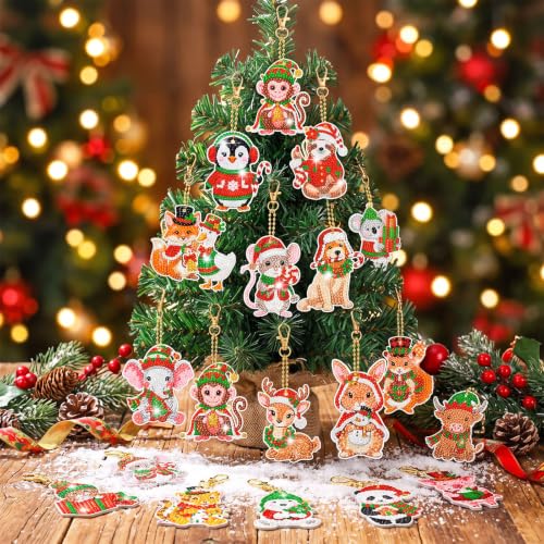 20 Pcs Christmas Cute Animal Diamond Painting Keychains Kit (20 Count)
