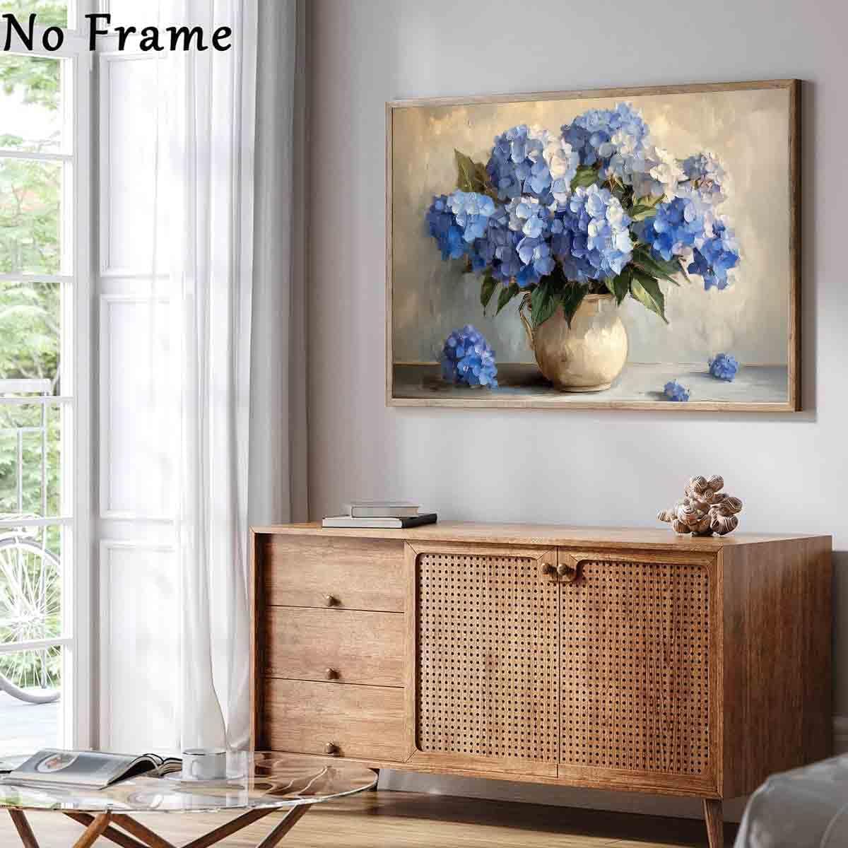 White And Blue Hydrangea Wall Art Hydrangea Flower Pictures Abstract Floral Paintings Elegant Floral Picture Rustic Farmhouse Wall Art Vintage Flowers Painting Living Room Decor 16x24inch No Frame