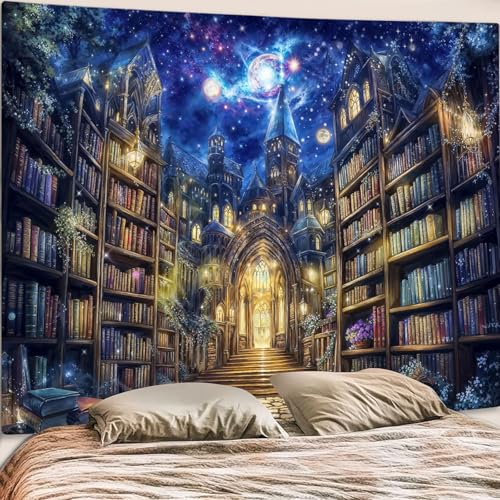 Fantasy Bookshelf Tapestry Space Library Tapestries Wall Hanging Gothic Galaxy Castle Magic Book Extra Large Tapestry for Bedroom Living Room Dorm Classroom 90 x 68 inch