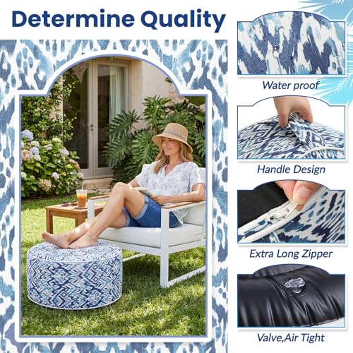 2 Pcs Inflatable Outdoor Ottoman Pouf Waterproof Round Footrest with Handle D21 x H9 Inch Indoor Outdoor Portable Footstool for Patio Garden Camping or Home Pool (2 Count)