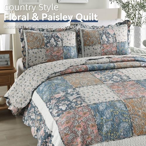 3 Piece Quilt Set King Size Quilted Bedspread Reversible Country Style Blue Floral Paisley Real Patchwork Bedding Quilt Set with Ruffles with Pillowcases for All Seasons